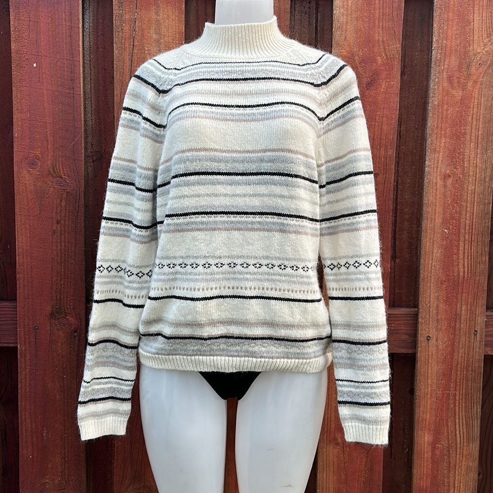 Covington Angora Blend Mock Neck Striped Fair Isle Sweater Cream Knit XL 18